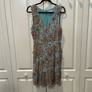Cynthia Rowley Dress Aqua Blue Paisley Flounce Hem Sleeveless Vneck Mini SZ 10